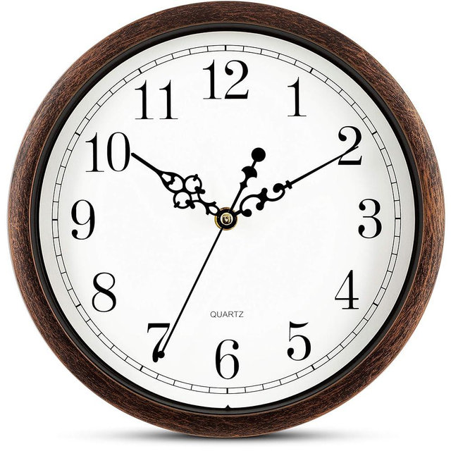 Bernhard Products Wall Clock 10 Inch Silent Non Ticking Movement Quality Quartz Battery Operated Round Easy to Read Decorative Brown Home/Kitchen/Office/Bedroom/Classroom/School Clocks, Black Numbers