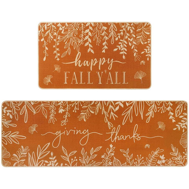 Heirloom Haven Happy Fall Y’All Kitchen Mats Set of 2,Orange Giving Thanks Autumn Leaves Low-Profile Holiday Home Decor Kitchen Rugs for Home Kitchen Floor 17x29 and 17x47 Inch
