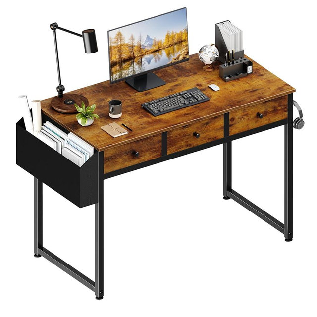 Lufeiya 40 Inch Desk with Drawers for Bedroom - 39 Inch Home Office Desks with 3 Fabric Storage Drawer and Pocket, Study Writing Table Rustic Computer Desk, Vintage Brown