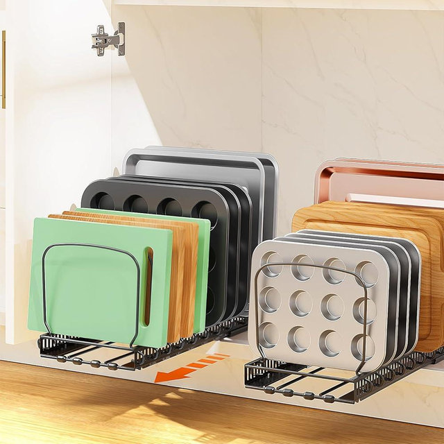 Housolution 2 Pack Pull Out Baking Tray and Cookie Sheet Organizer, Slide Out Cutting Board Organizer Rack with 10 Adjustable Dividers, Sliding Bakeware Muffin Tin Storage Organizer for Cabinet