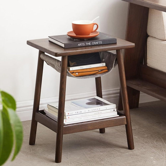 Grewood Accent Side/End Table - 100% Solid Oak Wood with 3 Legs Design - Small Round Side Table for Living Room,Bedroom,Office (Walnut - with Shelf)