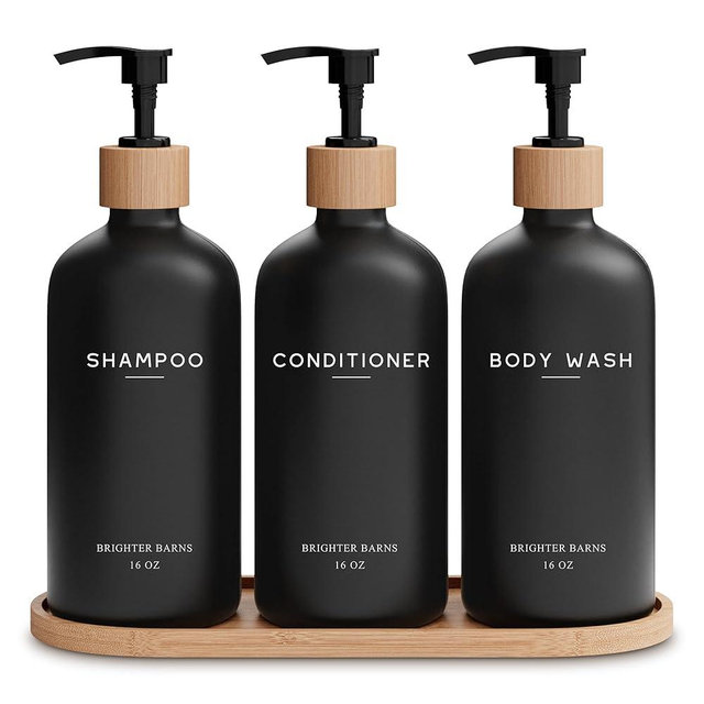 Black Shampoo and Conditioner Dispenser Set by Brighter Barns - Body Wash, Shampoo Dispenser for Shower with Pump - Refillable Plastic Shower Soap Dispenser for Bathroom Decor in Home, Airbnb (Black)