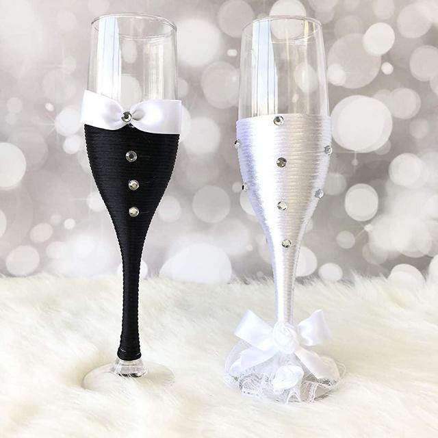 Abbie Home Bride and Groom Wedding Champagne Toasting Flute Anniversary Glasses with Silk Bow Tie and White Lace Trim Rhinestone Décor, Set of 2 (Black Glass Set)