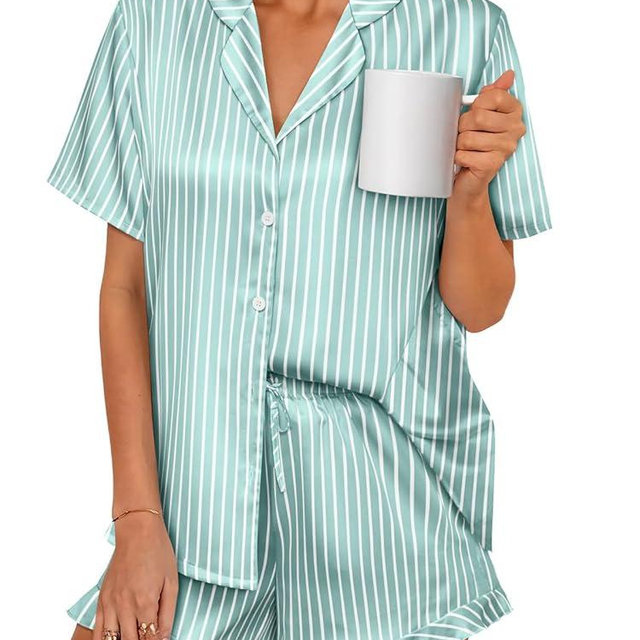 LILLUSORY Womens Satin Silk Pajamas Set 2 Piece Ruffle Pjs Winter Matching Lounge Sleepwear Button Down Striped Shirt Shorts