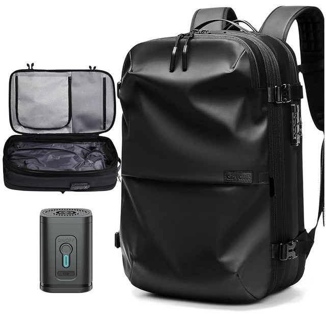 AirVault Vacuum Seal Travel Backpack 60L with Exapandable Vortex Air Compression Vacuum System Water Resistant TSA Lock Blue (Vacuum Pump Included, Black, 60L)