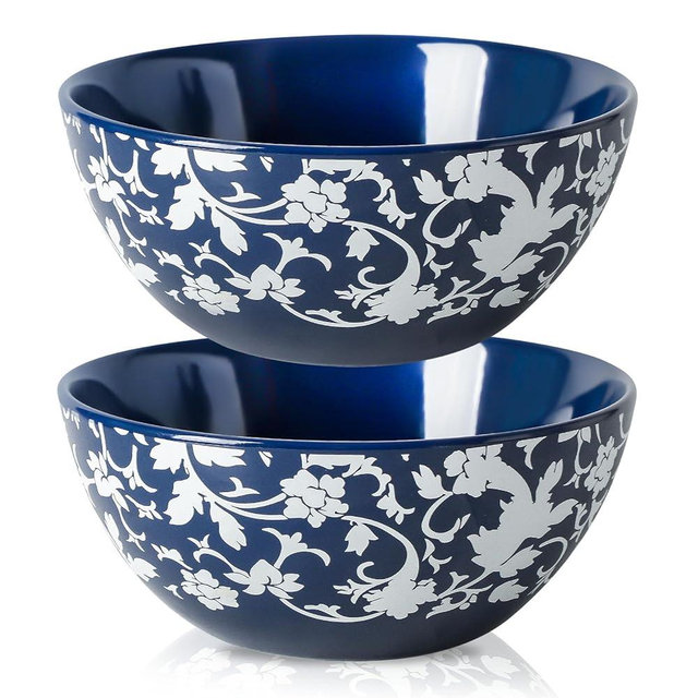 Large Serving Bowls, Ceramic Soup bowls Set of 2, Japanese Style Cereal Bowls, 42 oz Blue and White bowls Serving Dishes for Rice, Salad, Snack, Pho, Pasta, Fruit, Microwave Dishwasher Safe, 7 inch