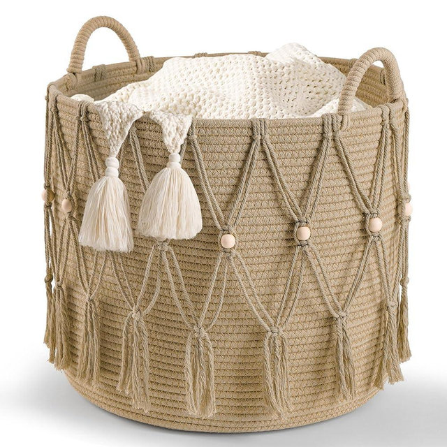 Blanket Basket for Living Room Decor Storage Basket for Toy Organizer Boho Decor Baskets for Modern Farmhouse Decor Small Laundry Basket for Bedroom and Laundry Room Organization,Beige