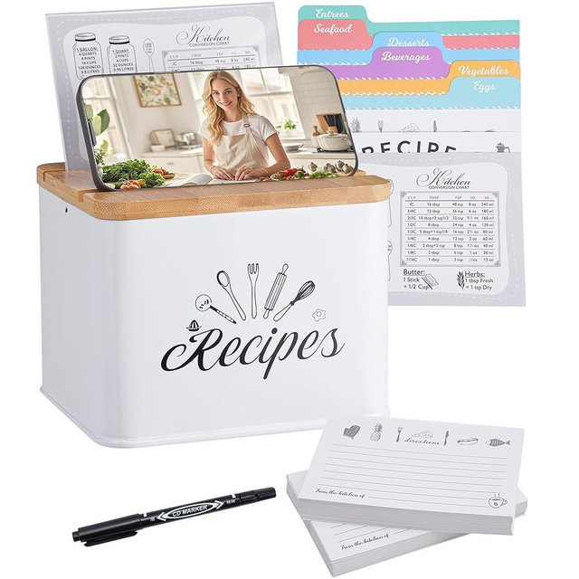 Candco Recipe Box Set, Recipe Card Holder with 100 4X6 Cards and 12 Dividers, Modern Metal Recipe Organizer Tin with Wooden Lid Phone Holder for Kitchen Cooking Lovers