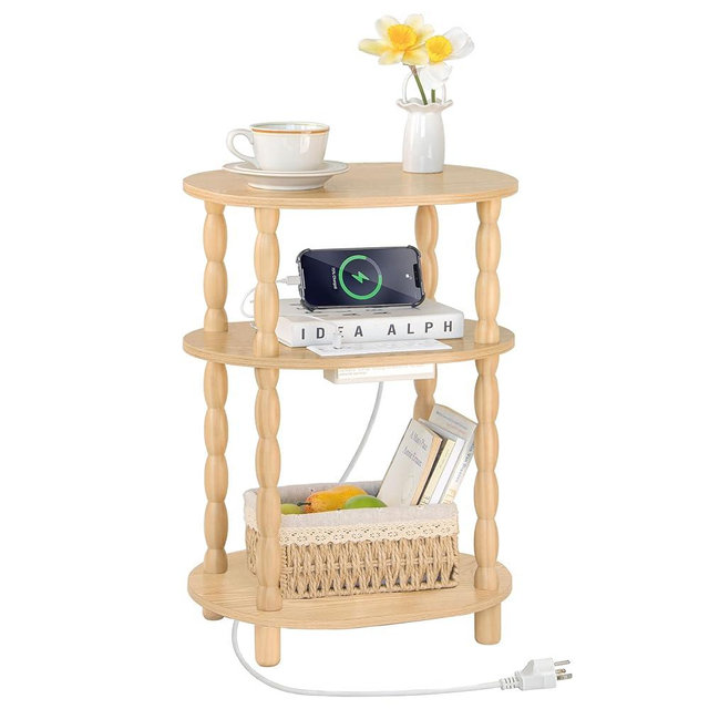 MaxSmeo End Table with Charging Station, Small Oval Side Table for Small Spaces, Modern Accent Table Night Stand with Charging Station for Living Room, Bedroom, Natural