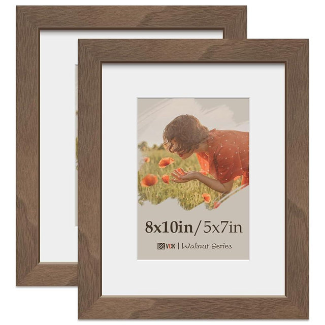 VCK 8x10 Picture Frame 2 Pack, Natural Wood Grain Brown Walnut & HD Glass, Display 5x7 Photos with Mat or 8x10 without Mat, Tabletop or Wall Hanging