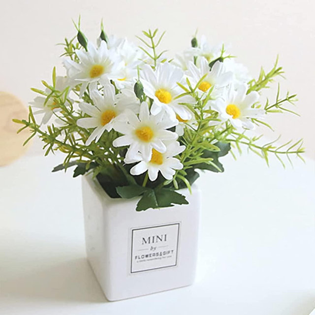 Artificial Flowers, Daisy Flower with Vase Silky Artificial Daisies Bouquet Fake Plant Bonsai for Home Office Wedding Decoration, Table Centerpieces Arrangement, Windowsill Decor