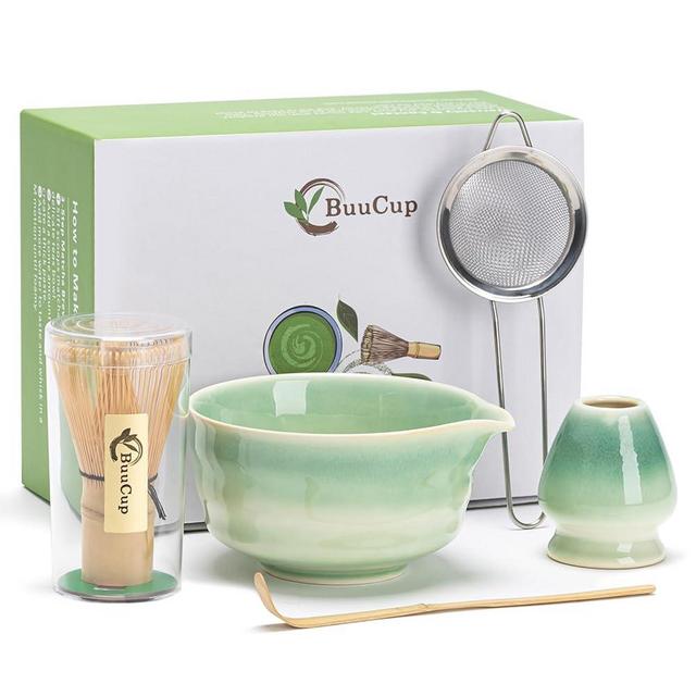Buucup Japanese Matcha Set, Matcha Bowl with Spout, Matcha Whisk and Holder, Bamboo Matcha Scoop and Stainless Steel Sifter - 5 Pcs Gradient Green Matcha Kit for Matcha Lover