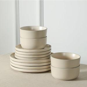 Earth & Clay Amber 12-Piece Dinnerware Set Stoneware, Dishwasher and Microwave Safe Plates and Bowls Set, Dish Set for 4, Beige