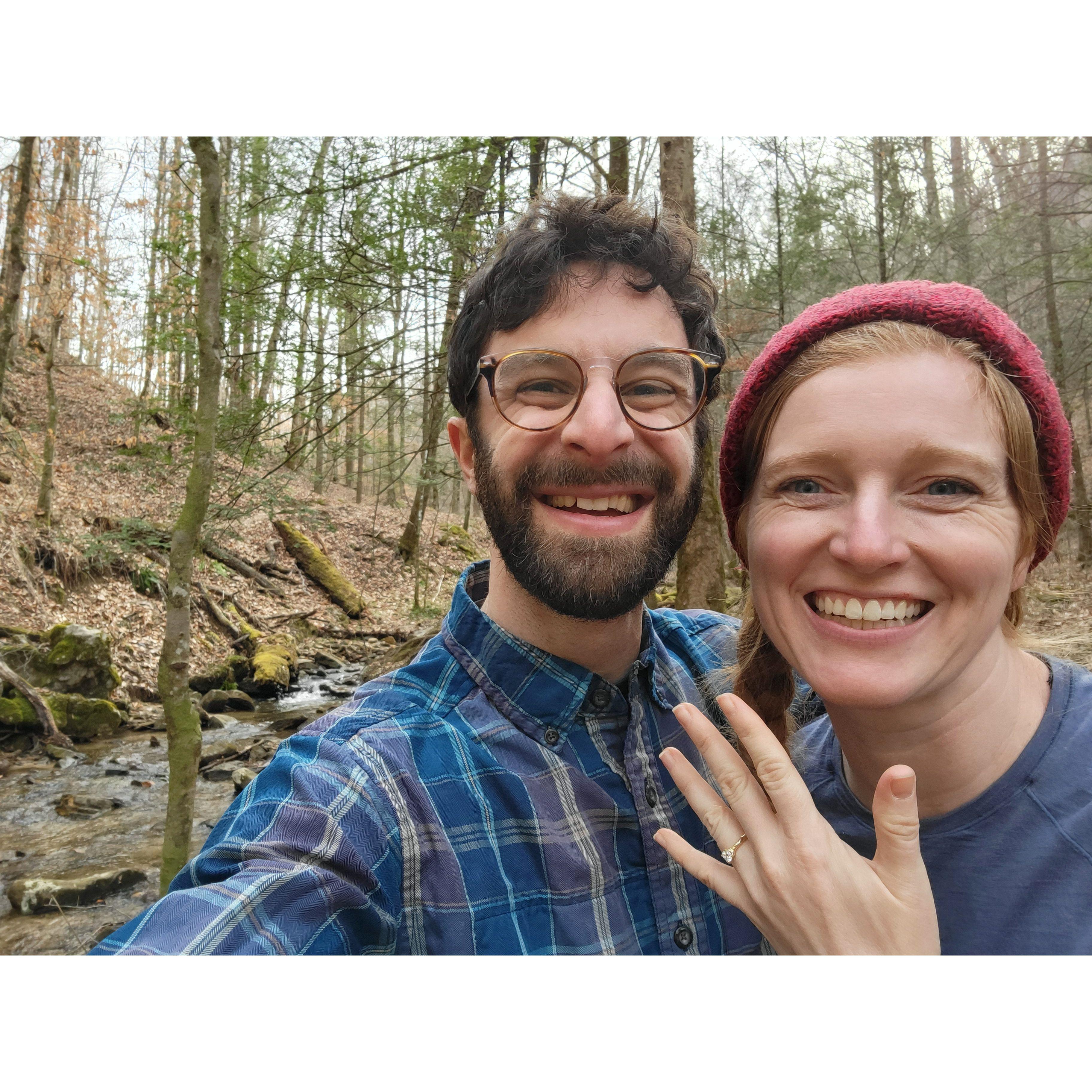 Right after we got engaged, near a stream on the trail to the Double Arches in Red River Gorge, Kentucky.