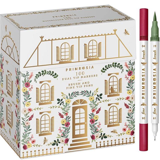 PRIMROSIA 100 Dual Tip Marker Pens, Fineliner and Watercolor Brush Pens for Art Sketching Illustration Calligraphy or Journals Drawing Coloring
