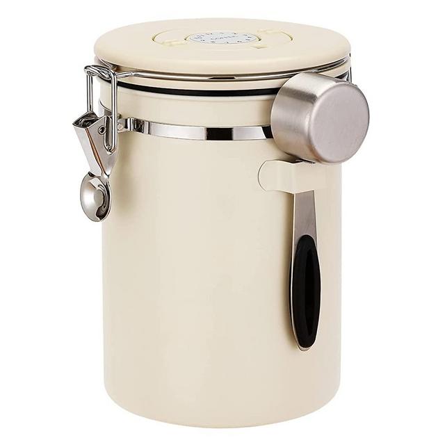 ShanSon Coffee Canister Airtight Stainless Steel Kitchen Food Storage Container with Date Tracker for Beans Grounds Tea Flour Cereal Sugar, 60Fl Oz, Beige