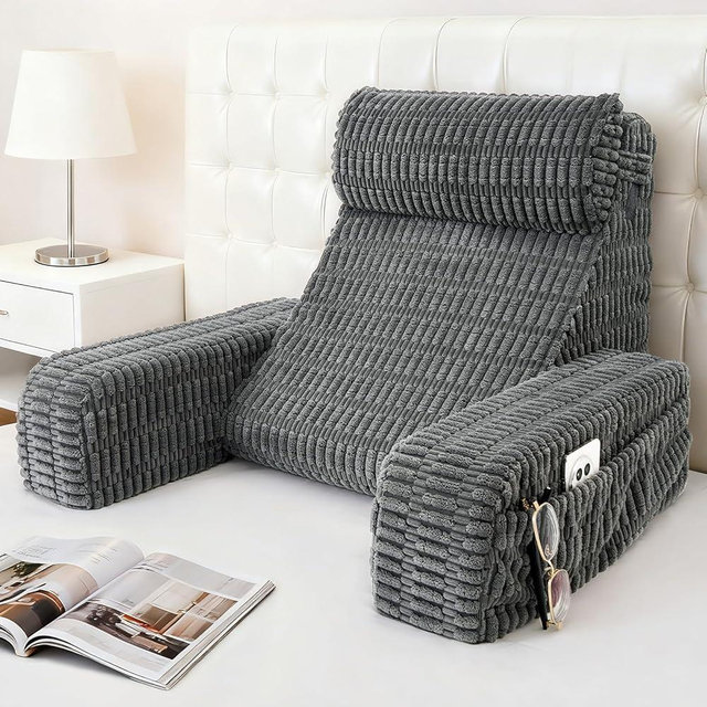 Selectico 19" Reading Pillow for Bed with Built-in Arms & Large Pockets, Supportive Backrest Cushion for Reading, Resting, or Reclining, Washable Cover – Grey