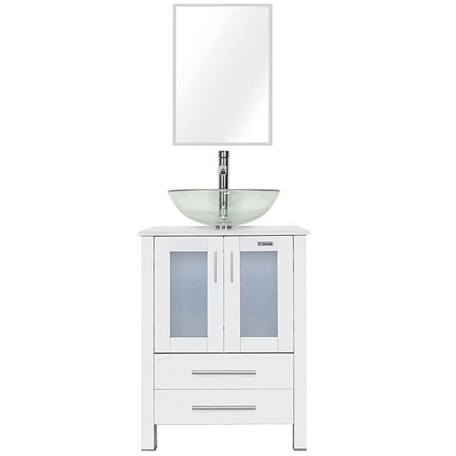 eclife 24" Bathroom Vanity Sink Combo White Cabinet Clear Round Tempered Glass Vessel Sink & 1.5 GPM Water Save Chrome Faucet Solid Brass Pop Up Drain,with Mirror (Clear Round Sink A16B02W)