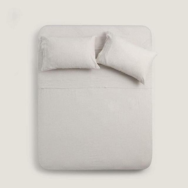 TOSMO Pure Linen Sheets Set, 100% French Natural Linen Flax Bedding 4pc Set(Queen, 1 Flat Sheet, 1 Fitted Sheet,2 Pillowcases)- Natural Linen
