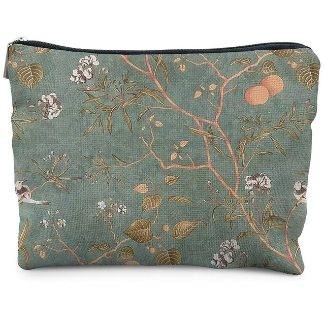 RYYCDOI Vintage Floral Bird Makeup Bag, Chinoiserie Green Floral Cosmetic Bags for Women, Rustic Country Botanical Zipper Makeup Pouch