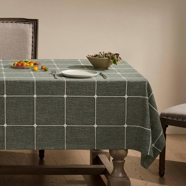 ZeeMart Grid Embroidered Hemmed Tablecloths, Olive 52x70 Inch, Farmhouse Style Heavy Weight Cotton Linen Olive Green Tablecloths, Boho Plaid Water Resistant Rectangle Table Cloth
