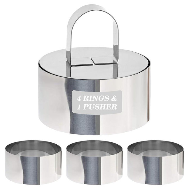 JTisiafly 4-Pack 3 Inch Stainless Steel Baking Ring Molds with Pusher - Professional Food Ring Mold for Cooking & Baking, Easy Release Crumpet Rings, Dishwasher Safe & Leak-Proof Silver Kitchen Tools