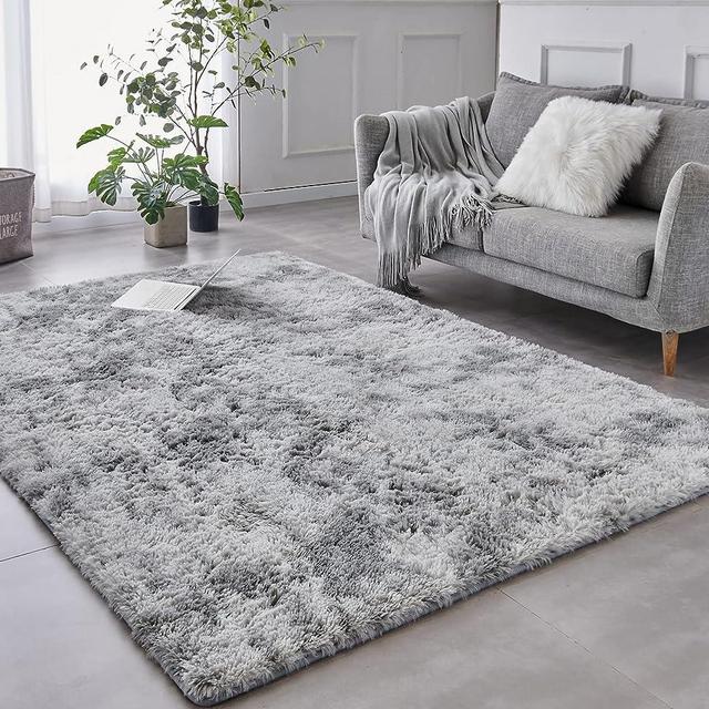 TABAYON Extra Large Shag Area Rug, 9x12 Feet Tie-Dyed Light Grey Indoor Ultra Soft Plush Rugs for Living Room, Non-Skid Modern Nursery Faux Fur Rugs for Home Decor