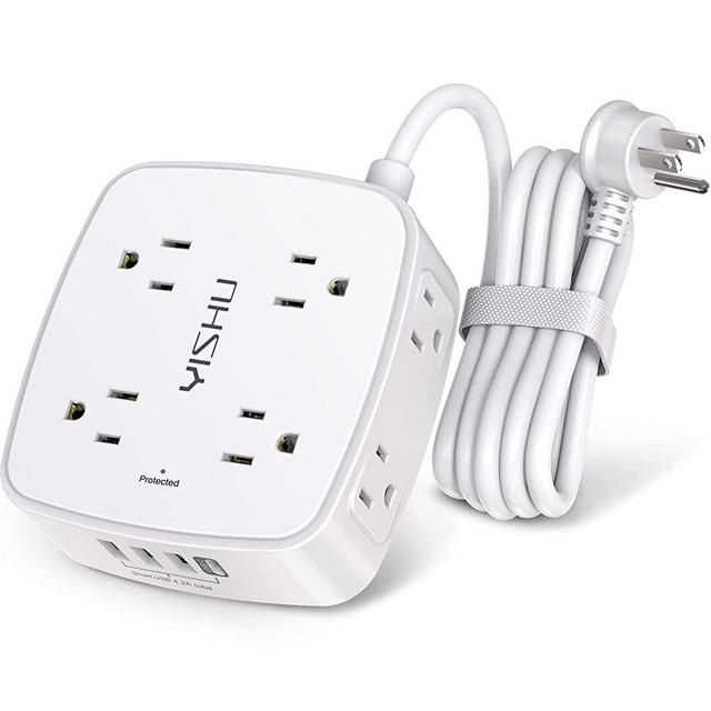 6 Ft Surge Protector Power Strip - 8 Widely Outlets with 4 USB Ports, 3 Side Outlet Extender with 6 Feet Extension Cord, Flat Plug, Wall Mount, Desk USB Charging Station, ETL ,White