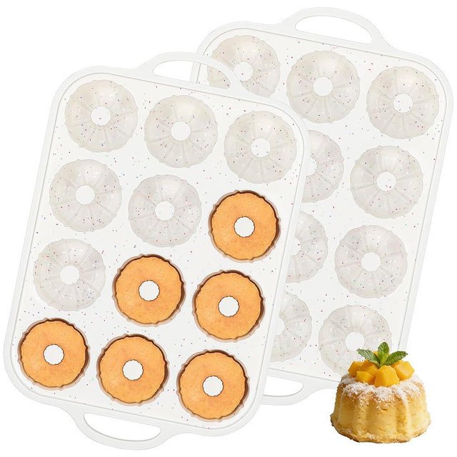 AOTASO 3 Inch Silicone Mini Fluted Tube Cake Pans with Metal Reinforced Frame, 12-Cavity Mini Flan Molds, Non-stick Silicone Baking Mold (2 Pc)