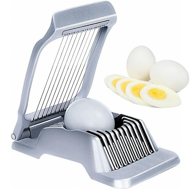 Egg slicer for hard boiled eggs heavy duty aluminum body and stainless steel wire, egg cutter use for soft vegetables and fruits, dishwasher safe, Silver, 6.3X4.13X1.65