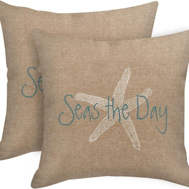 Emvency Set of 2 Linen Throw Pillow Cover Seas The Day Vintage Beach Starfish Canvas Look Coastal Decorative Pillow Case Whimsical Home Decor Rectangle Queen Size 18x18 Inch Cushion Pillowcase