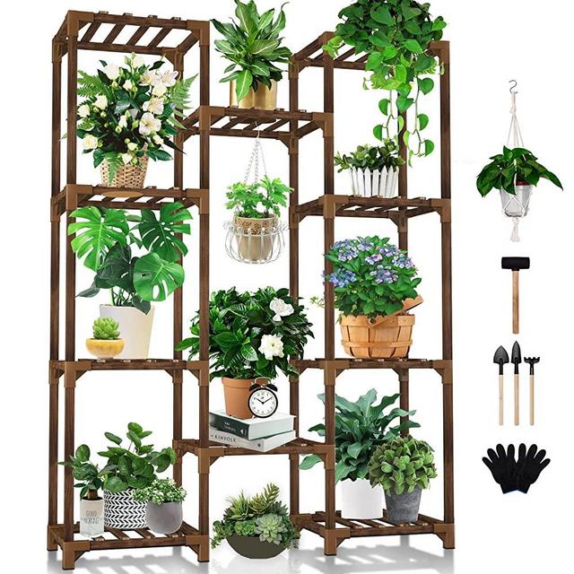 Plant Stand Indoor Outdoor, Uneedem Tall Plant Shelf for Multiple Plants, 10 Tiers 11 Pot Large Plant Rack Wood Plant Holder Plant Shelves for Room Corner Balcony Garden Patio
