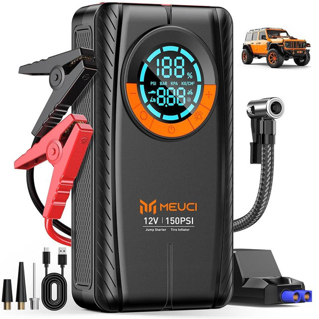 MEUCI Portable Car Jump Starter with Air Compressor - 3500A Car Battery Jump Starter (9.0 Gas/8.0L Diesel), 12V Car Jumper Starter Portable, Jump Box with Smart Jumper Cables, Tire Inflator, LED Light