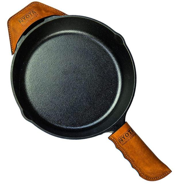 Nyota Set of 2 Leather Hot Handle Holders - Handmade Thick Leather Handle Covers for cast Iron skillets Pans and pots – Life time Warranty - 100 Percent Heat Resistant Handle Sleeve - Brown