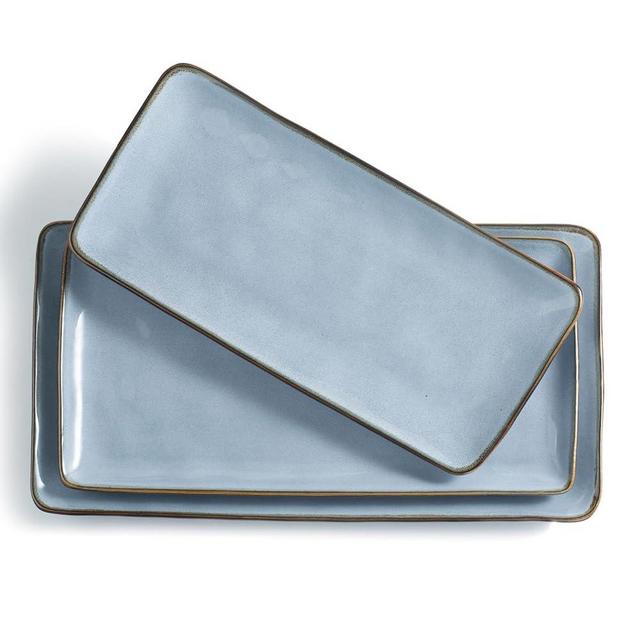 famiware Serving Platter, Rectangular 15.67/14.1/12.6inch Serving Dishes for Entertaining, Reactive Glaze, Stoneware Serving Trays for Party, Food, Turkey, Snack, Cheese, Ocean Series, Blue