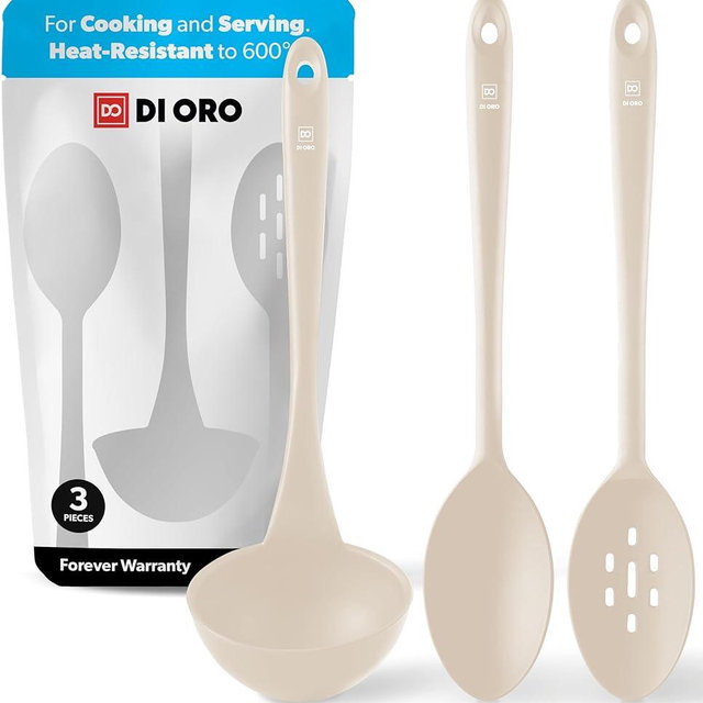 DI ORO Silicone Ladle & Spoons for Cooking – Large Kitchen Spoons for Mixing, Serving, & Stirring - Soup Ladle with Wide Bowl - High Heat Silicone Kitchen Utensils for Nonstick Cookware Safe (Clay)