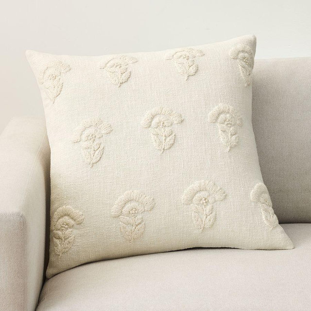 Rowan Floral Embroidered Pillow Cover, Ivory/Flax , 22"