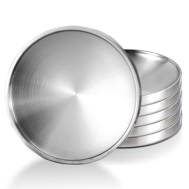ZJMONE Stainless Steel Plates 6Pcs Double Layered Silver Lightweight Unbreakable Dinner Dishes Plates Set Feeding Serving Camping Reusable and Dishwasher Safe (7.5 inches)
