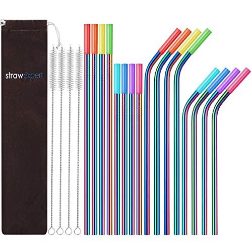 StrawExpert 16 Pack Rainbow Color Reusable Metal Straws with Silicone Tip & Travel Case & Cleaning Brush,Colored Long Stainless Steel Straws Drinking Straw for 20 and 30 oz Tumbler