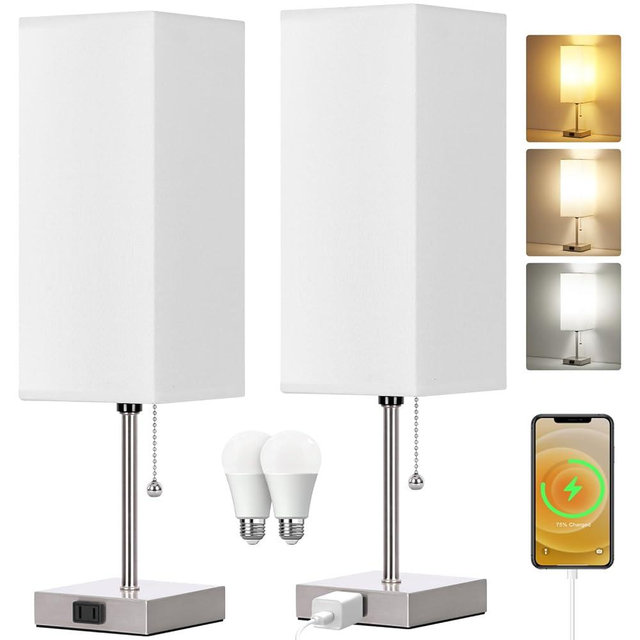 Table Lamp for Bedroom set of 2,3-Color Bedside Lamps with Pull Chain Table Lamps for Nightstand with AC Outlets,18'' Night Light Lamps with 2 Bulbs Lamps for Living Room Kids Office Decor（Nickel）