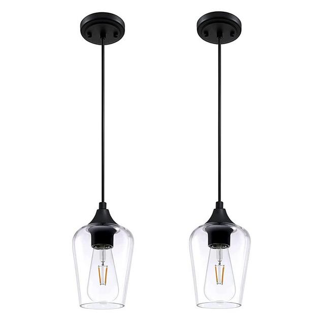 Black Pendant Light, 2 Pack Modern Pendant Lighting Fixtures with Clear Glass, Farmhouse Vintage Mini Hanging Lamp for Kitchen Island Dining Room Bedroom, E26 Base