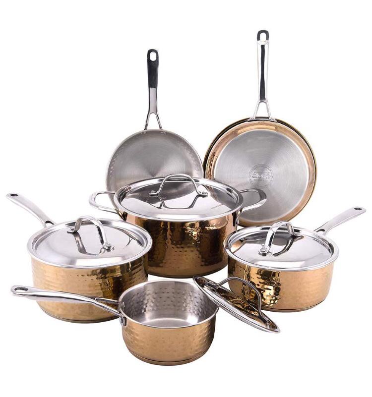 Hammered 10pc Copper Cookware Set - Cooks' Club stainless steel copper pots and pans set, Copper pans, Copper cookware - Dishwasher Safe