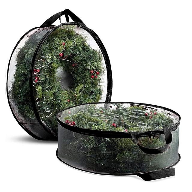 Zober 2-Pack Christmas Wreath Storage Bag 24 Inch - Clear PVC Plastic for All View Durable Plastic Fabric Dual Zippered Bag for Holiday Artificial Christmas Wreaths, 2 Stitch-Reinforced Canvas Handles