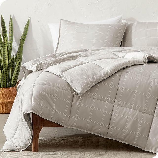 Bare Home Comforter Set - King/California King Size - Ultra-Soft - Goose Down Alternative - Premium 1800 Series - Reversible - All Season Warmth (King/Cal King, Stone - Modern Plaid/Pinstripe)