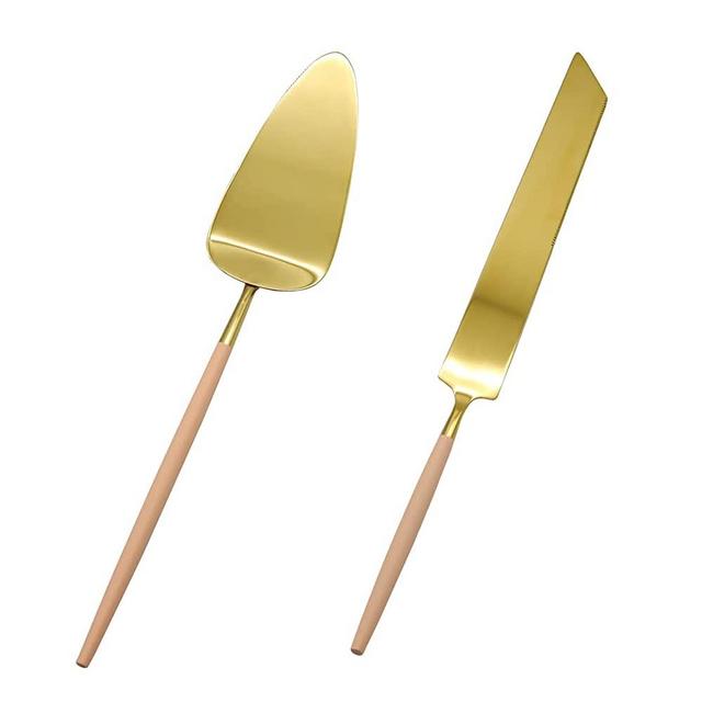Koyal Wholesale Modern Wedding Cake Knife And Server Set - 2-Piece Gold Cake Cutter & Server With Peach Handle
