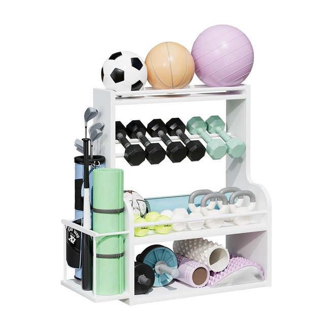 APRTAT Bamboo Dumbbell Rack, Adjustable Weight Rack for Home Gym, All-in-One Workout Equipment Storage for Dumbbells, Kettlebells, Yoga Mats & Balls