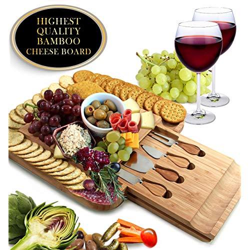Bamboo Charcuterie Cheese Board and Knife Set, Serving Platter Tray with Cutlery Set, Housewarming Gifts, Entertaining Serving Dishes, Cheese Serving Plate, Large Cheese Charcuterie Board