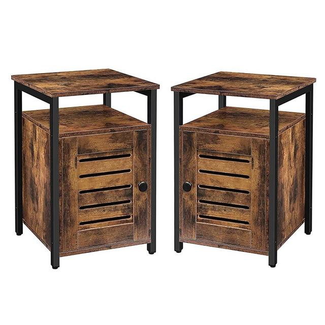 HOOBRO Nightstand Set of 2, Shutter End Table with Switchable Door and Inner Storage, Square Side Table, Wood Accent Industrial Sofa Storage Cabinet in Bedroom, Reception Room, Rustic Brown BF85BZP201