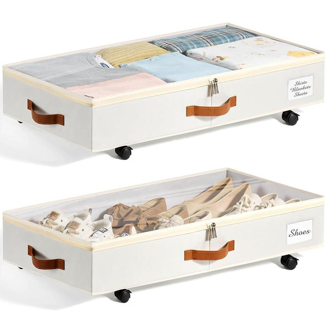 KitHero Under Bed Storage with Wheels Set of 2, Underbed Storage Container with Clear Lid Cover, 6.7 Inches Height Rolling Under Bed Drawer Storage Basket Bin Shoe Organizer for Cloth Sheet Sweater