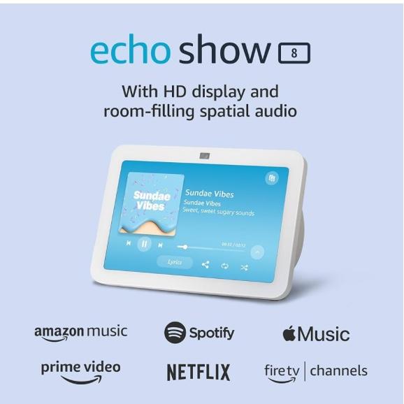 Amazon Echo Show 8 (newest model), With Spatial Audio, Smart Home Hub, and Alexa, Glacier White